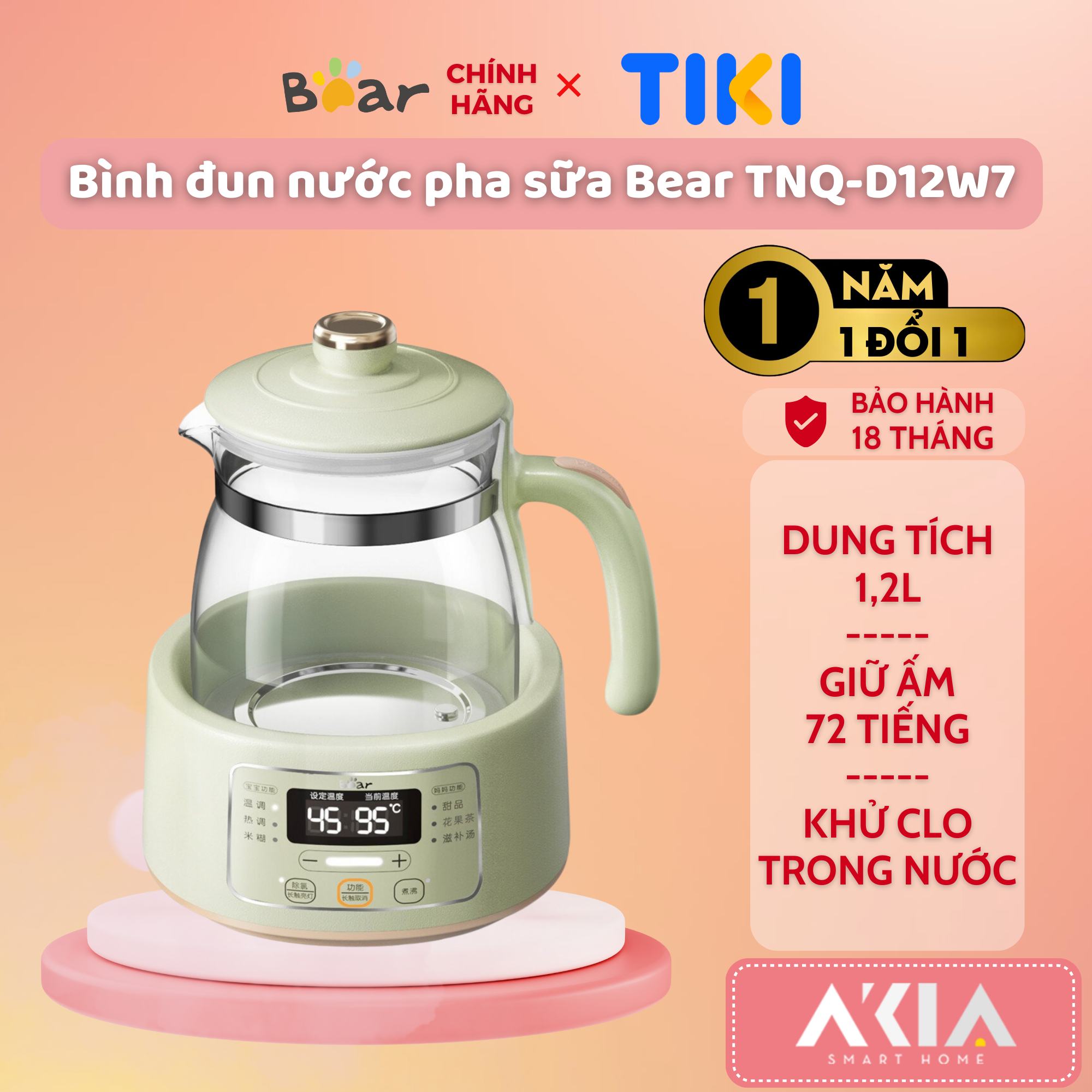 Bình đun và hâm nước pha sữa Bear TNQ-D12W7 - Dung tích 1.2L, Giữ ấm 72 giờ - Hàng chính hãng, Bản Quốc tế