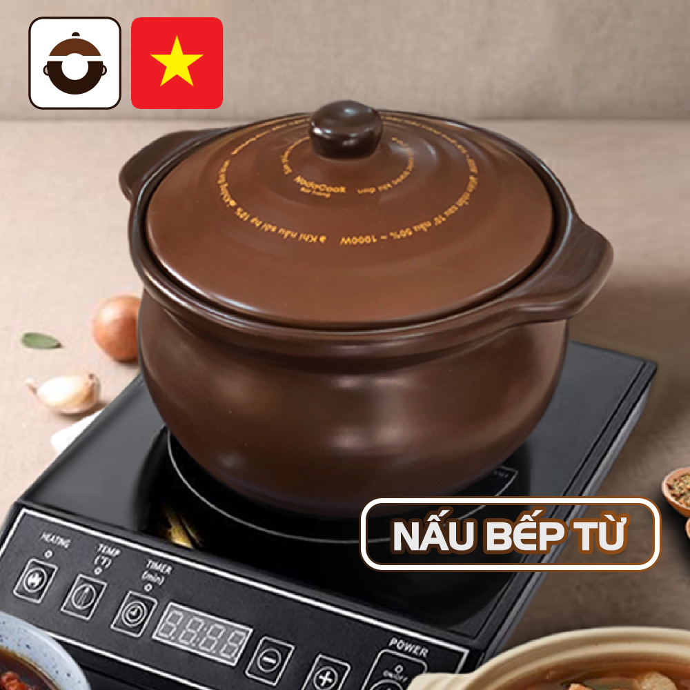 Nồi đất nấu bếp từ 3 lít NodaCook (men sứ Nâu) - Nồi Đất chuyên dụng nấu trên Bếp từ