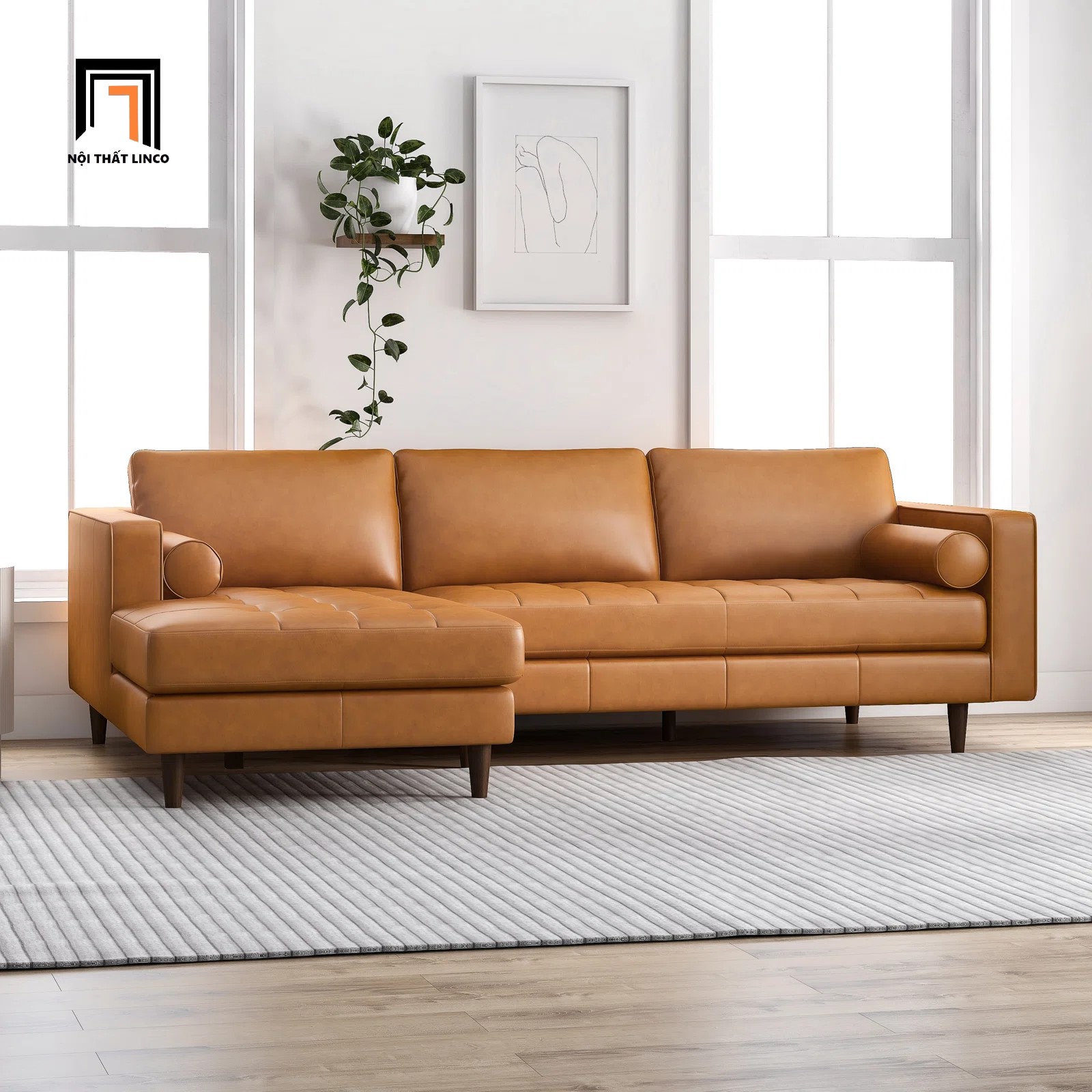 Bộ ghế sofa góc L Linco Matilda bọc giả da màu da bò