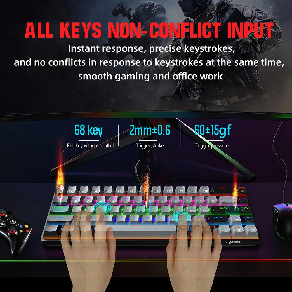 HXSJ V800 Wired Mechanical Keyboard 68 Keys RGB Gaming Keyboard with Detachable Type-C Cable ABS Keycap