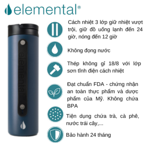 Bình giữ nhiệt Elemental Iconic sport màu xanh navy 590ml, giữ nhiệt vượt trội, inox 304, FDA Hoa Kì, An toàn sức khỏe, có ống hút