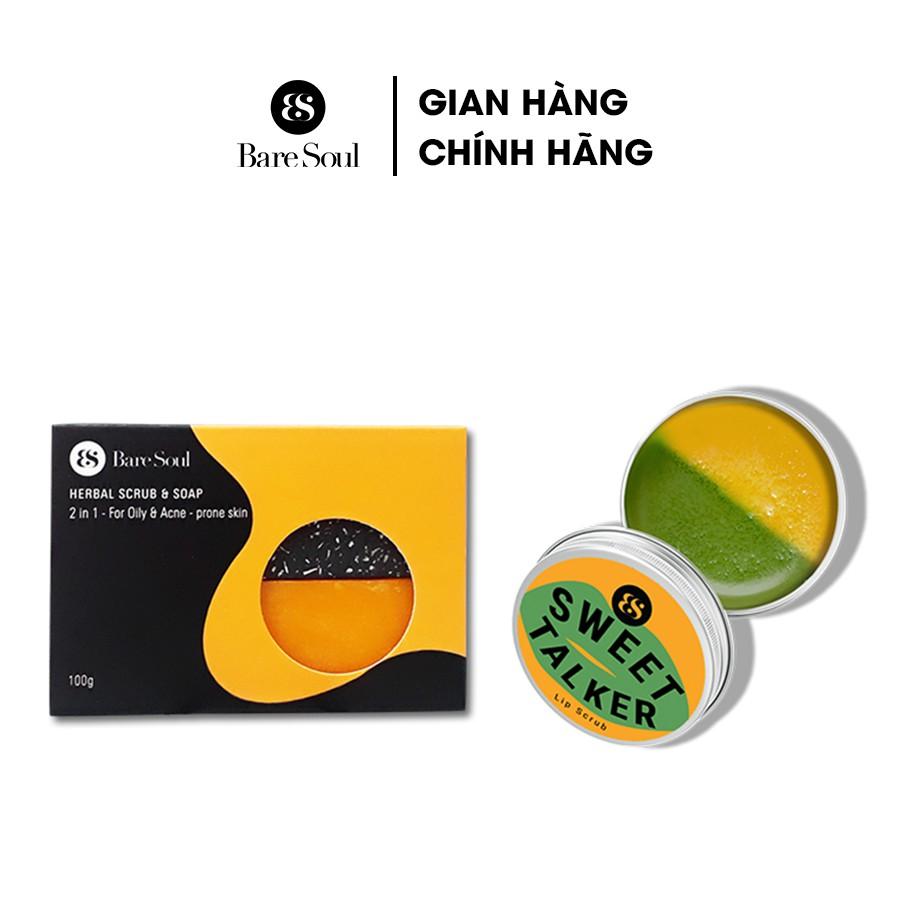 Combo bánh xà phòng Herbal Scrub &amp; Soap giảm mụn cơ thể 100g + Son tẩy tế bào chết BareSoul Sweet Talker Lipscrub 20g