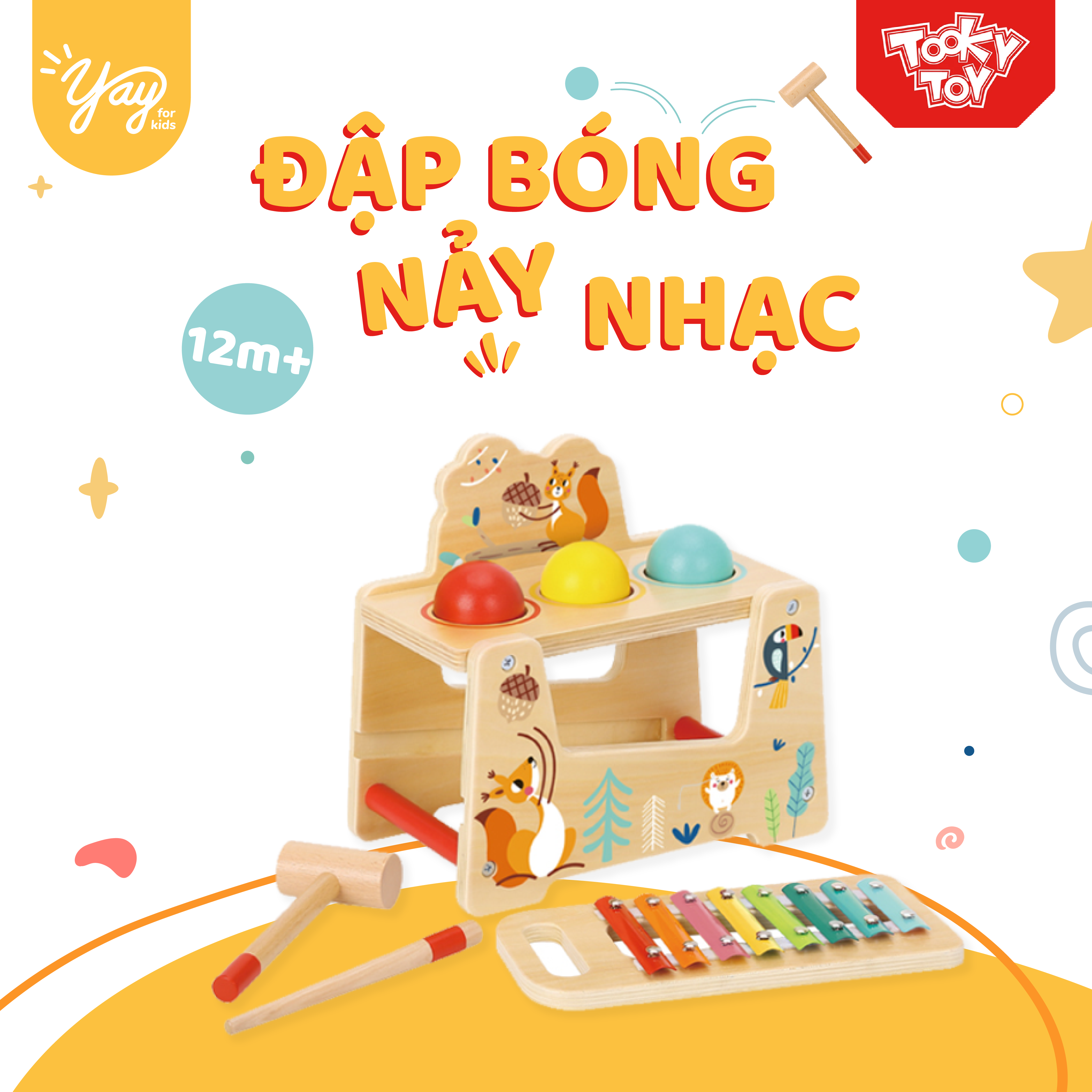 [COMBO 2 TRONG 1] Đập Bóng Nảy Nhạc - Đập Bóng Gỗ Montessori TOOKY TOY 12M+