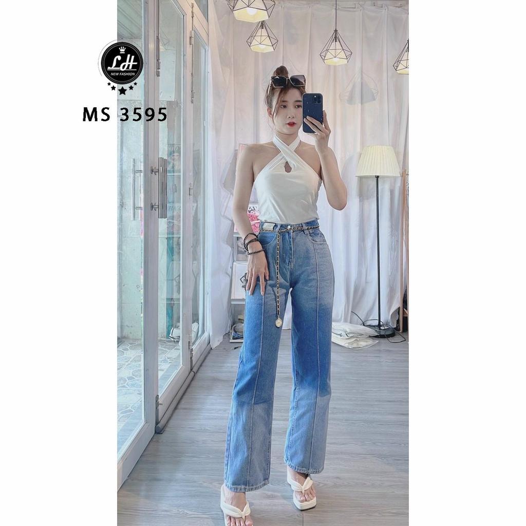 Quần jean nữ ống rộng, quần bò màu xanh loang xen kẻ lưng cao có team đọc lạ Lê Huy Fashion MS 3595