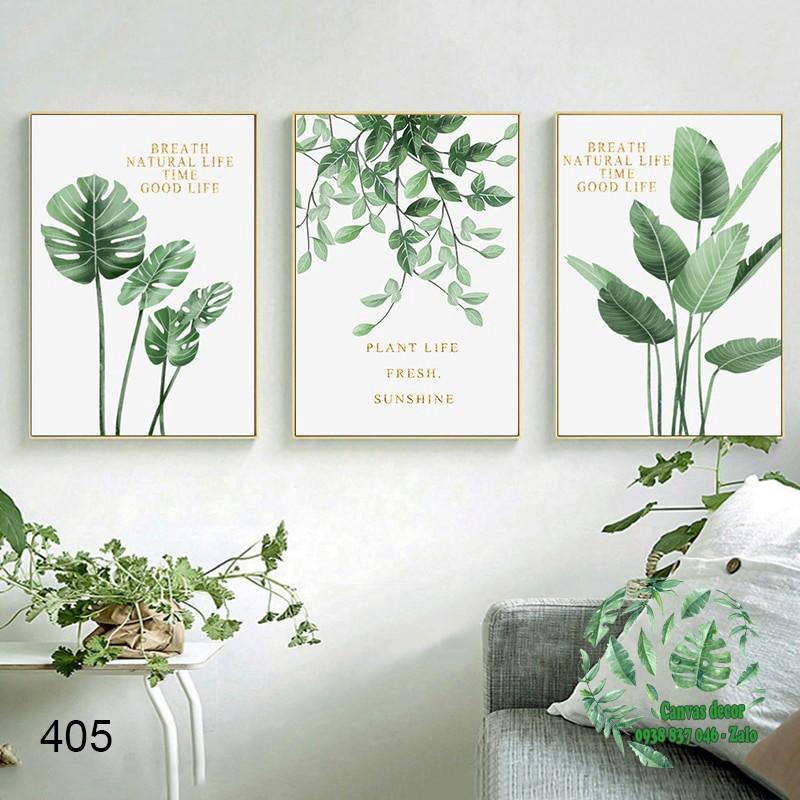 Bộ 3 tranh canvas treo tường Green leaf 405