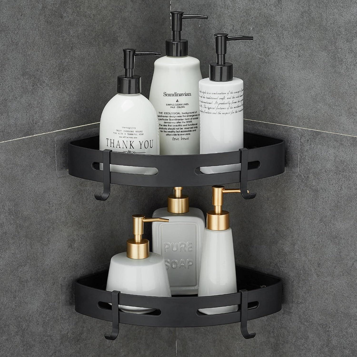 Góc kệ phòng tắm mà không cần khoan bằng nhôm hàng không với 2 móc để chống vòi hoa sen hỗ trợ cho 2 phòng