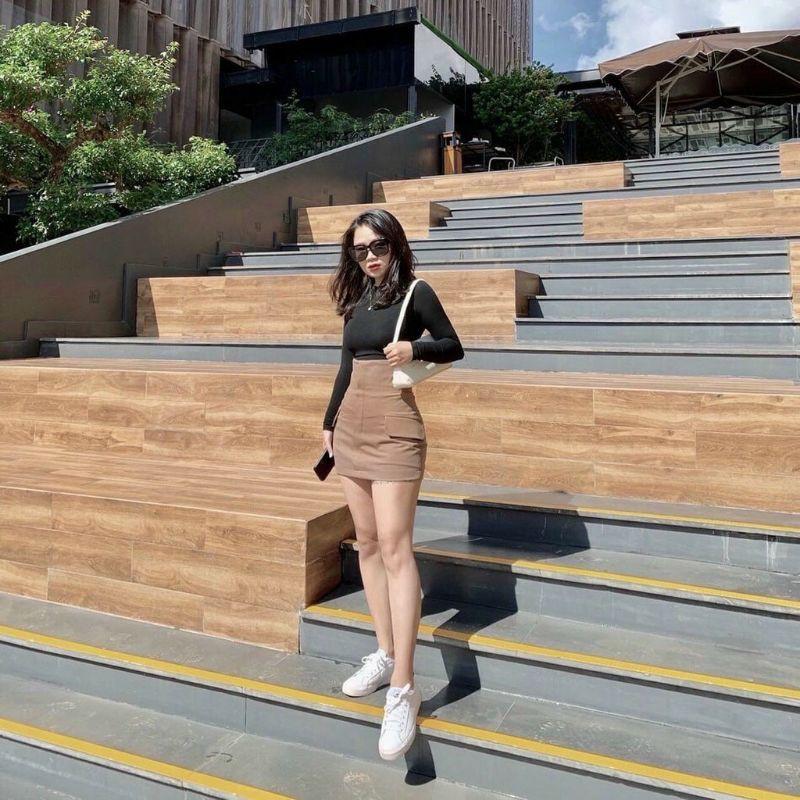 CHÂN VÁY CHỮ A NÂU 2 TÚI GIẢ