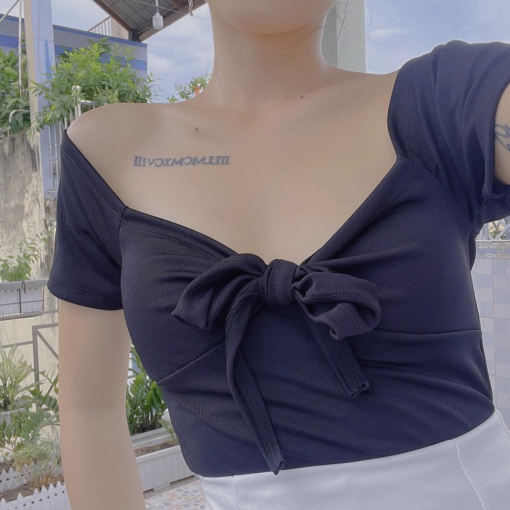 Áo croptop bẹt vai nơ buộc nhiều kiểu cá tính