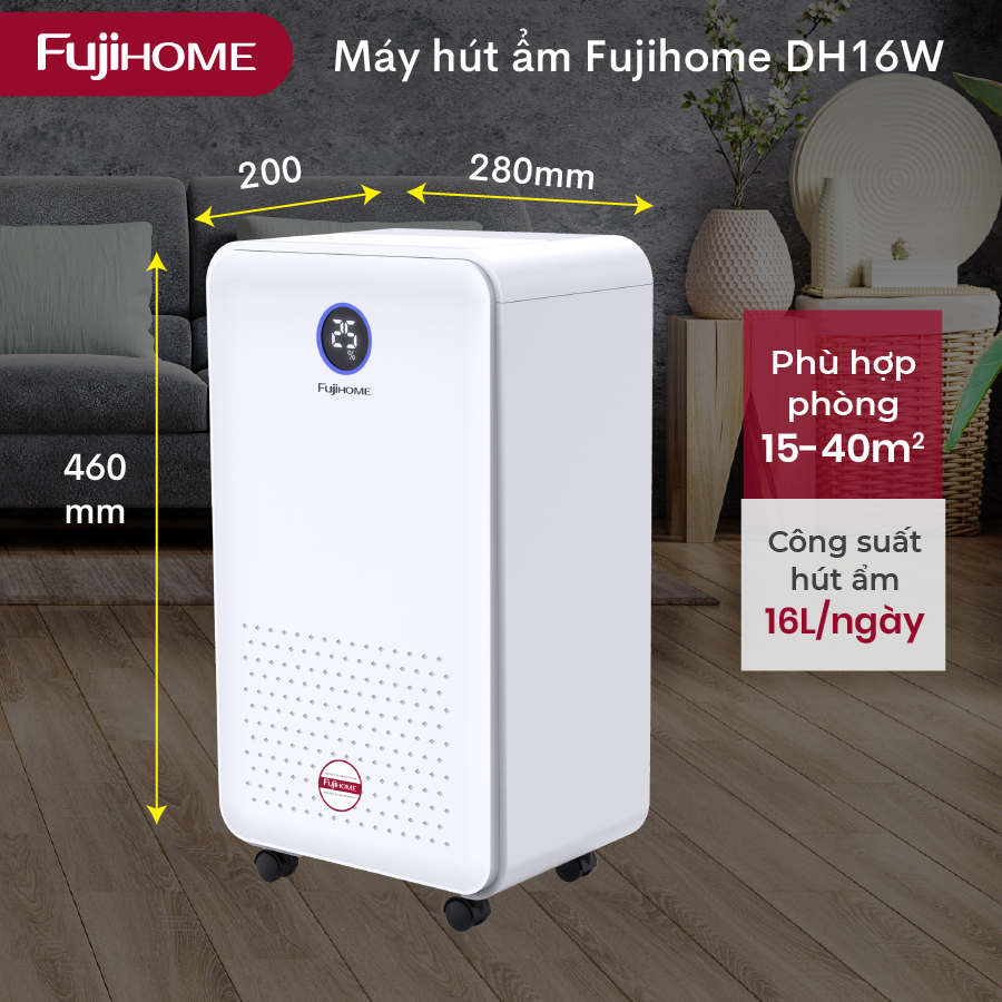 Máy hút ẩm lọc không khí 15m2-40m2 Fujihome DH16W, 16 Lít/ ngày, kết nối Wifi điều khiển qua App, đèn cảm biến báo chất lượng độ ẩm- Hàng chính hãng