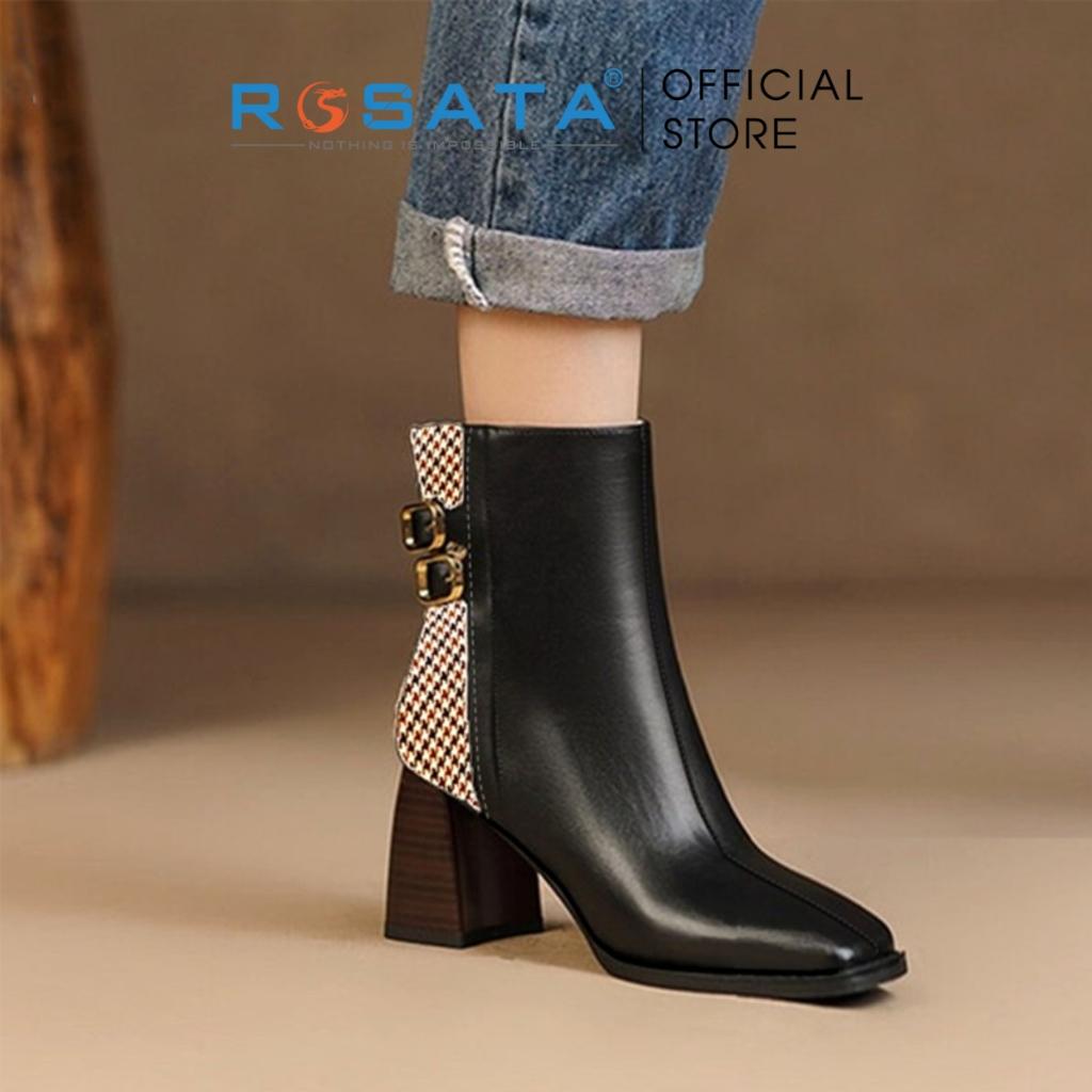 Giày bốt nữ ROSATA RO433 cổ cao mũi vuông êm chân khóa kéo hông gót vuông cao 7cm xuất xứ Việt Nam - BÒ