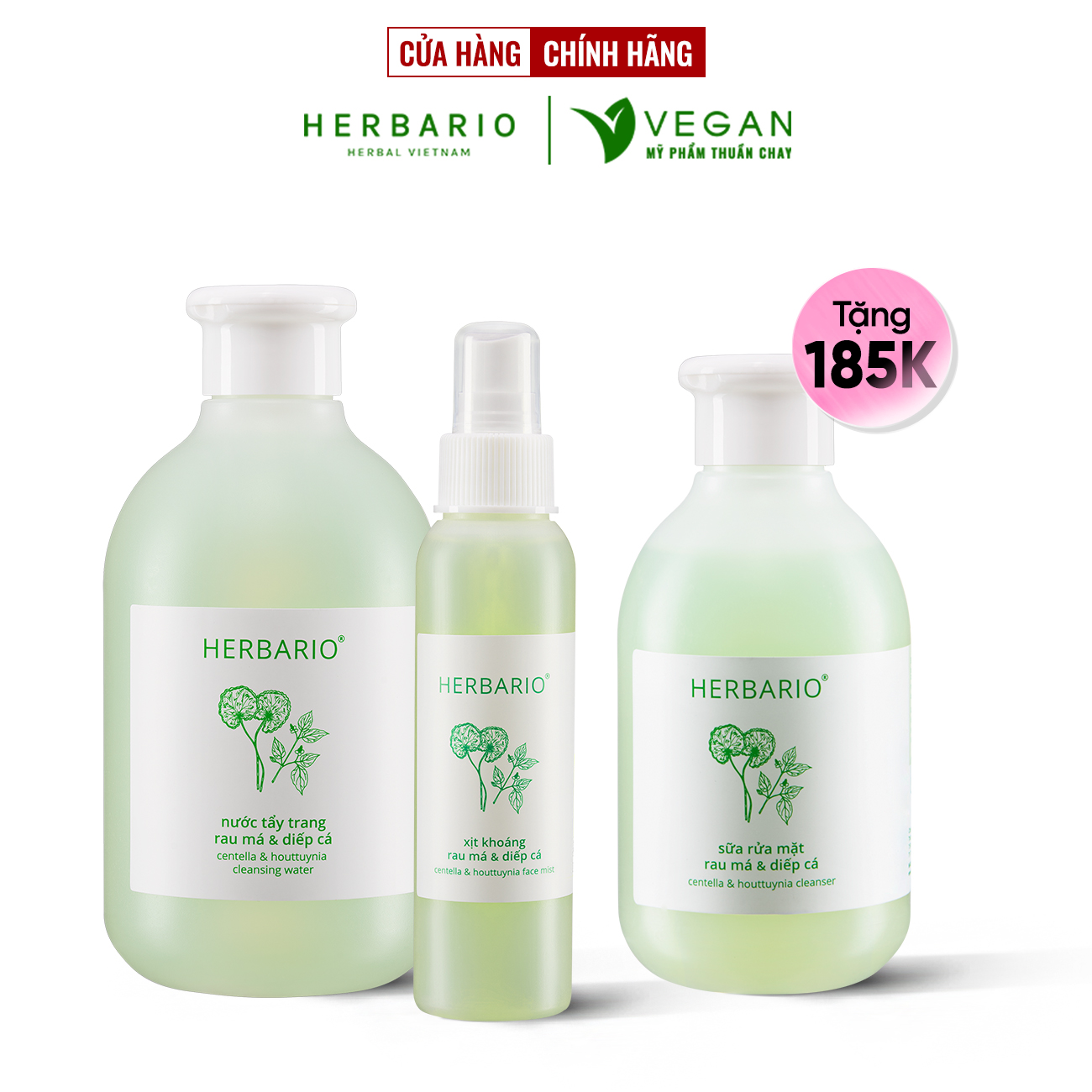 Bộ 3 rau má và diếp cá Herbario chăm sóc da mụn: Nước tẩy trang 300ml + Sữa rửa măt 200ml + Xịt khoáng 100ml