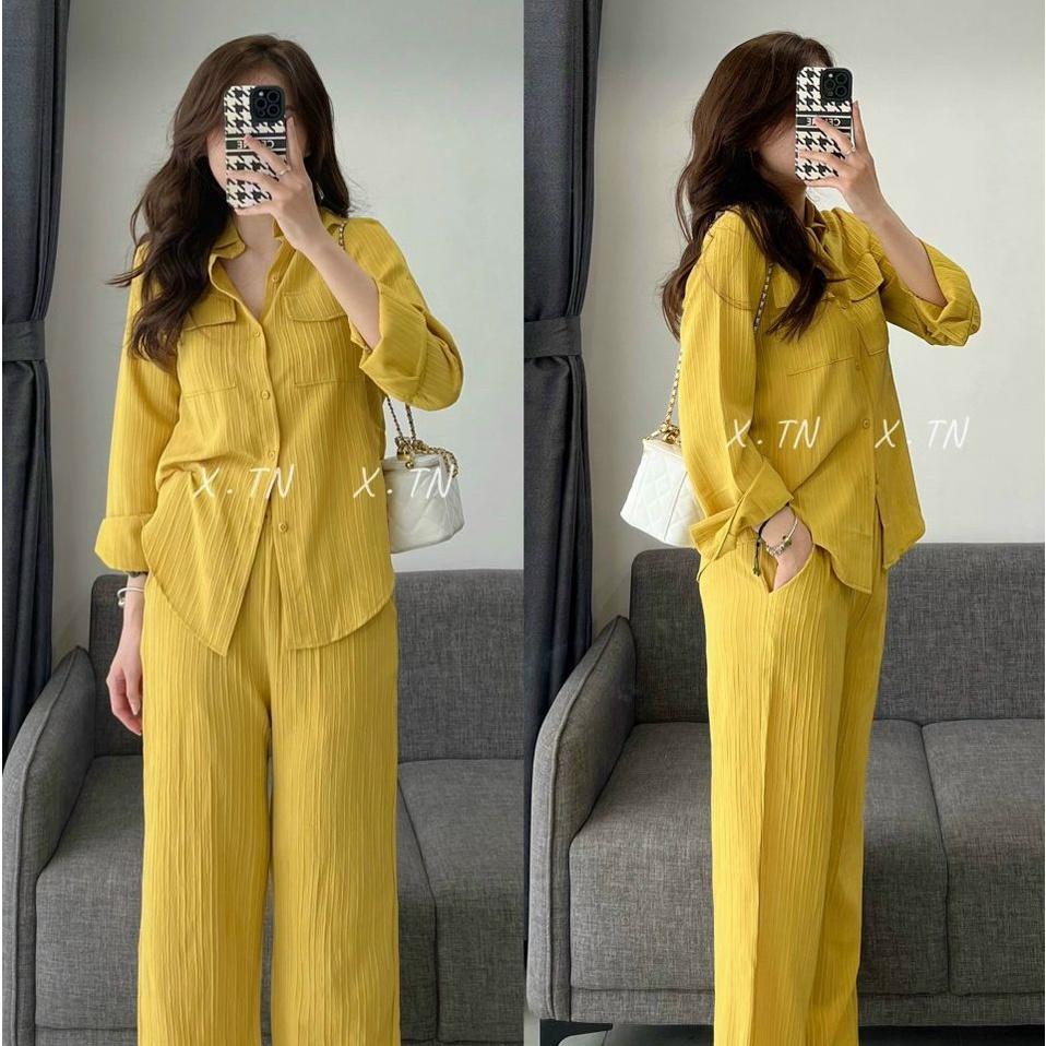 FREESHIP Sét bộ nữ sơ mi tay dài phối túi mix quần dài suông kiểu dáng sang trọng duyên dáng