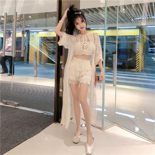 Set Đi Biển Chất Liệu Len Móc Gồm Áo Khoác, Quần, Áo Yếm
