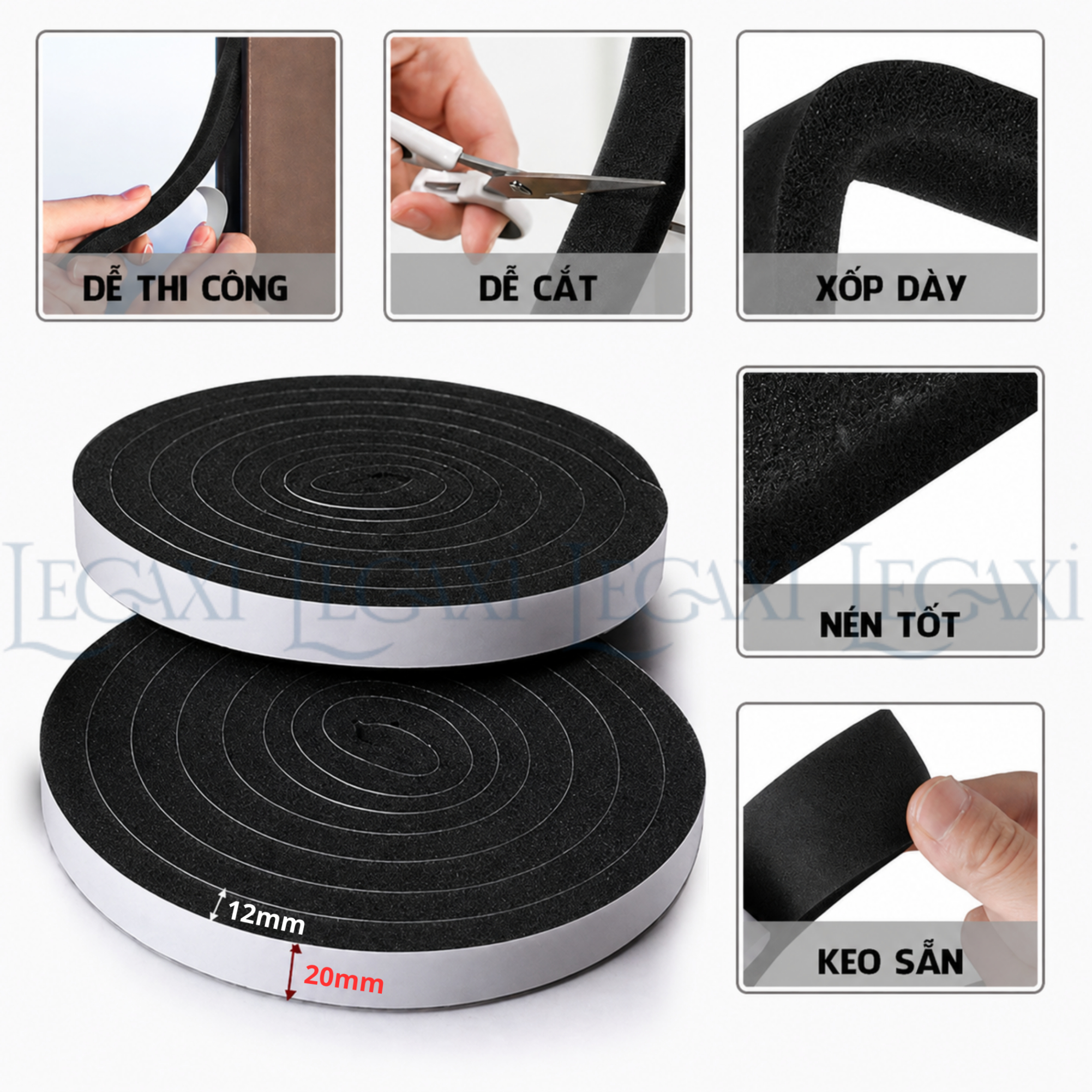 Cuộn Ron Gioăng Mút Xốp Dán Khe Hở Khung Cửa Cách Âm Giảm Chấn, Chống Bụi, Chống Thoát Hơi Dài 6 Mét