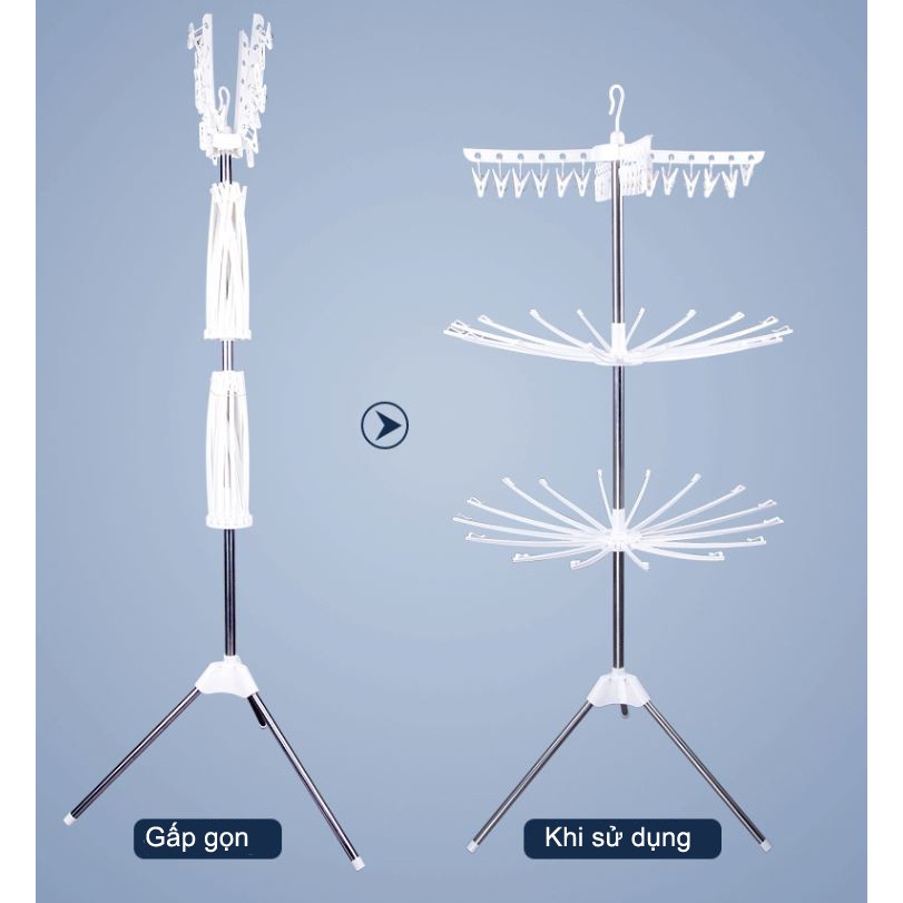 Cây Sào Phơi Đồ Gấp Gọn Khung Inox Cao Cấp 3 Tầng 24 Kẹp Đa Năng Xoay 360 Treo Đồ Cho Trẻ Em, Bé Sơ Sinh Giao Màu Ngẫu Nhiên