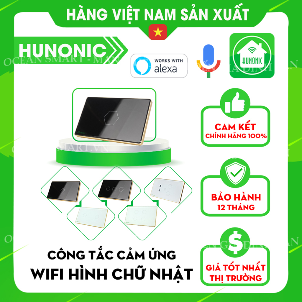 Công Tắc Cảm Ứng Wifi Hunonic, Công Tắc Kèm Ổ Cắm Thông Minh Hình Chữ Nhật Có Viền 2IN1 - HN02SMC