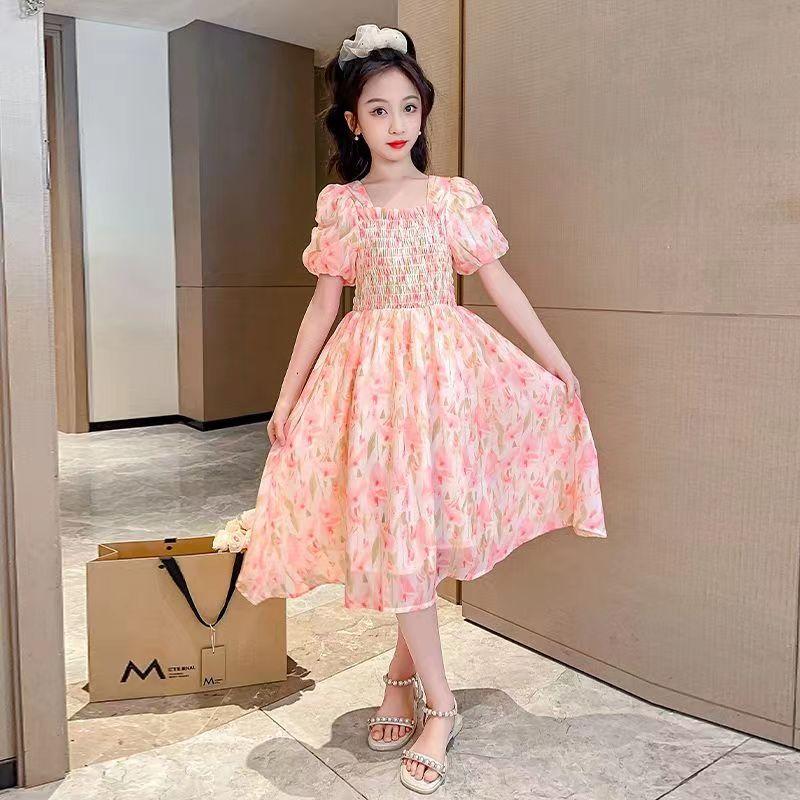 SHUANGYAN Cô gái váy mùa hè phong cách phương Tây 2023 Big Boy mùa hè váy chiffon mùa hè cô gái mảnh hoa mối tình đầu váy