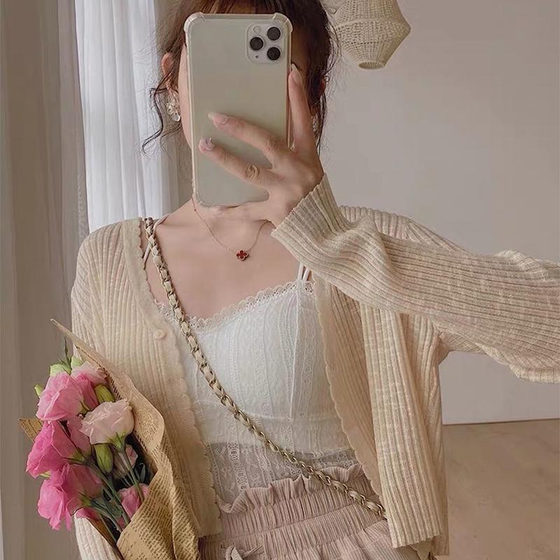Áo khoác len mỏng Cardigan Quảng Châu 1 KHUY dáng ngắn đáng yêu và dễ phối đồ