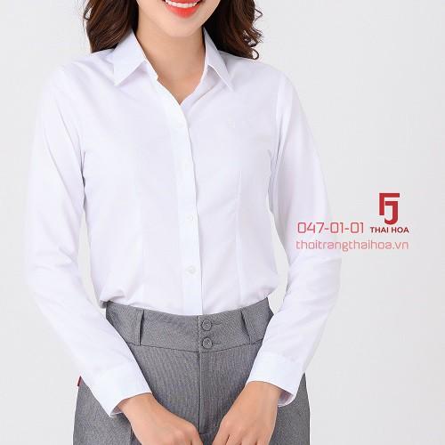 Áo sơ mi nữ công sở dài tay, màu trắng chất vải cotton Áo sơ mi nữ Thái Hòa 047-01-01