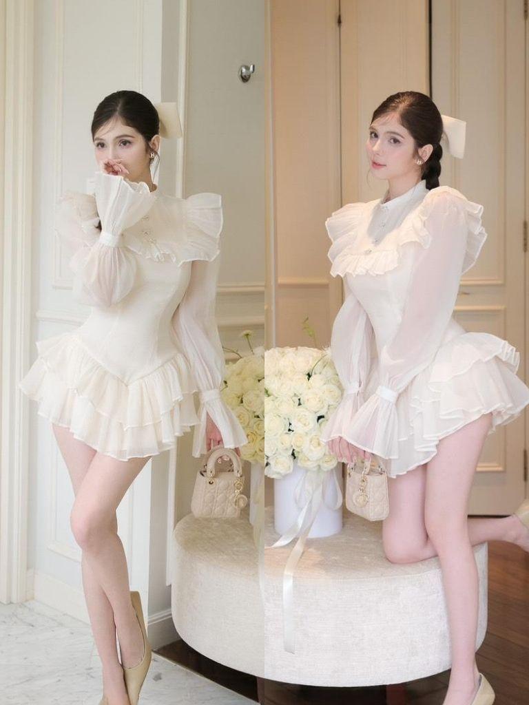 Váy tay bồng cổ tròn đính nơ đi chơi đi tiệc đầm thiết kế xếp tầng sang chảnh HN Clothing V292 BY JOLIE - Kem