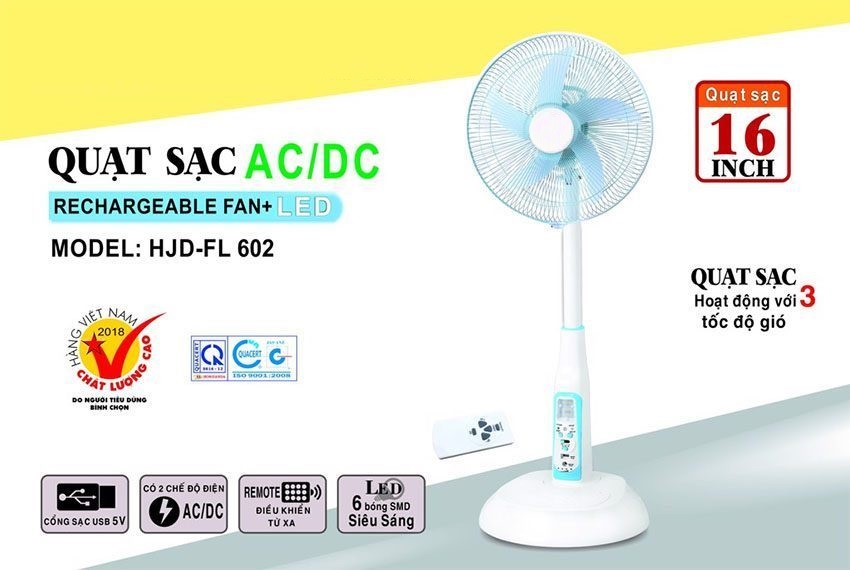 Quạt Sạc Tích Điện Kiểu Đứng Điều Khiển Remote 16 Inch HJD-FL602 Tích Hợp Đèn LED Và Cổng Sạc USB - Hàng Chính Hãng