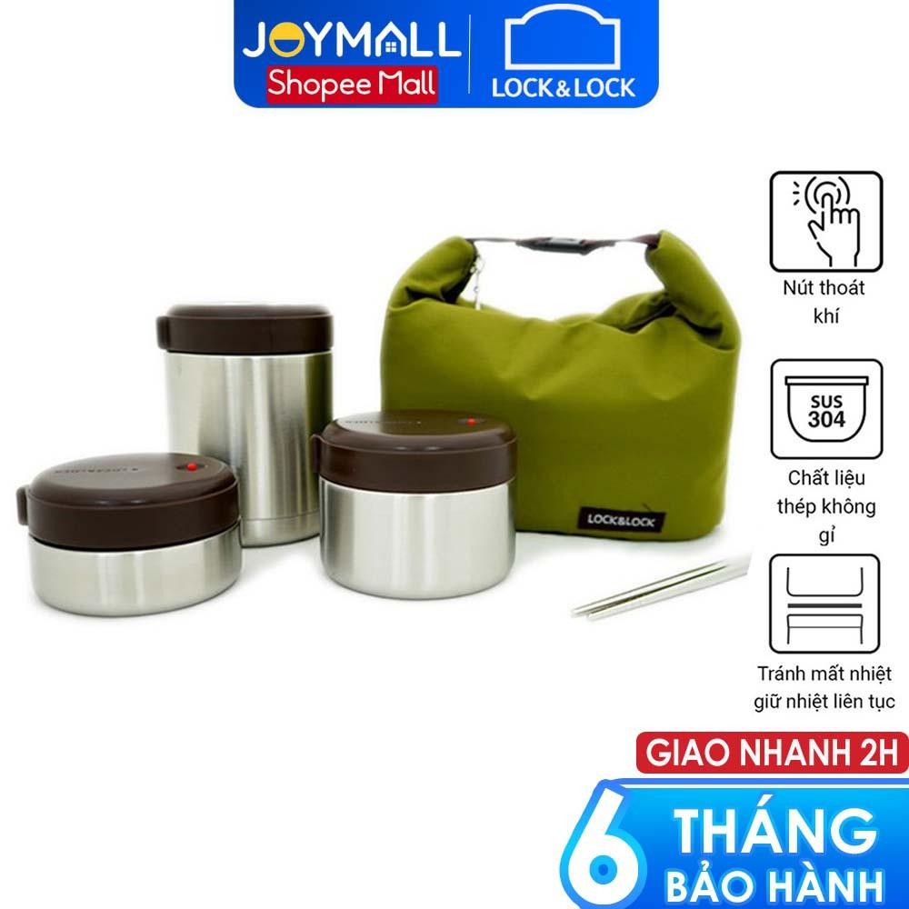 Bộ 3 hộp cơm giữ nhiệt Lock&Lock mushroom lhc8025slv - Hàng chính hãng, có kèm túi và đôi đũa inox - Hapos