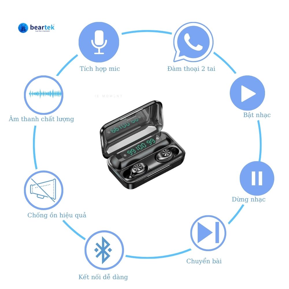 Tai Nghe Bluetooth Beartek Bearbuds B22 Chính hãng Kiêm sạc dự phòng - Có Nút Cảm Ứng - Bluetooth 5.0 Hiển thị %Pin