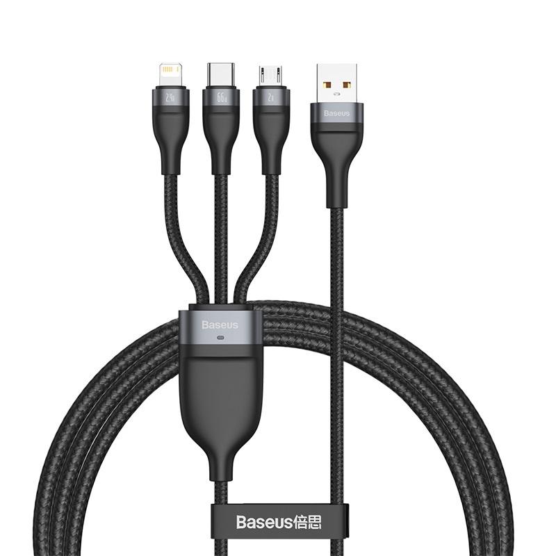 Baseus - Cáp sạc siêu nhanh 3 đầu BASEUS Flash SERIES 3 in 1 (Usb &amp; C/ L/ MICRO, 5A/66W QC &amp; Data Cable) (Hàng chính hãng