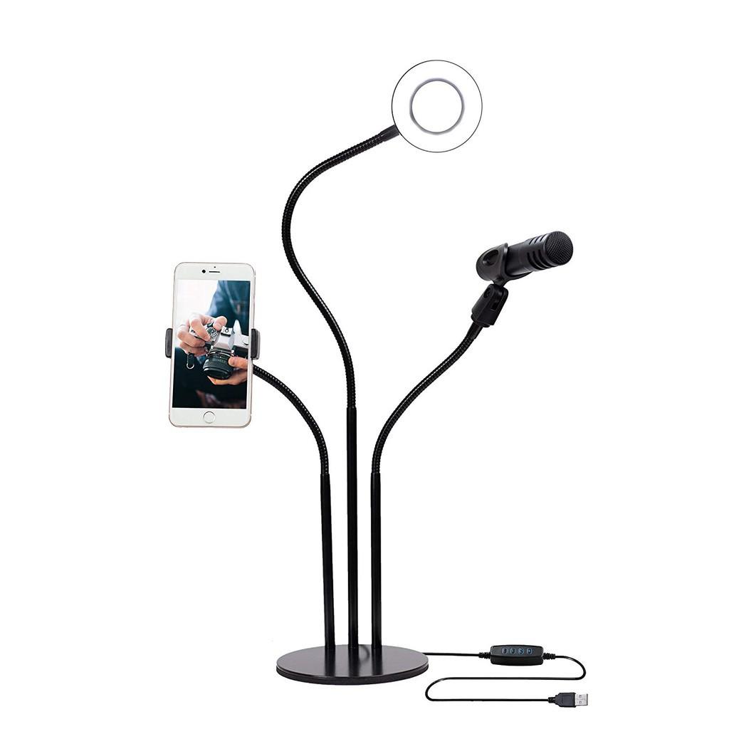 BỘ LIVESTREAM ĐA NĂNG - Bộ dụng cụ Livestream đa năng 3 trong 1 có đèn Led, chân đế kẹp Mic