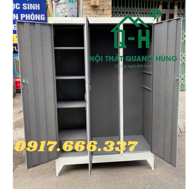 TỦ SẮT ĐỰNG QUẦN ÁO 3 CÁNH MÀU TRẮNG SƠN DẦU KHÔNG GƯƠNG DÀNH CHO GIA ĐÌNH 1M8X1M2X45CM