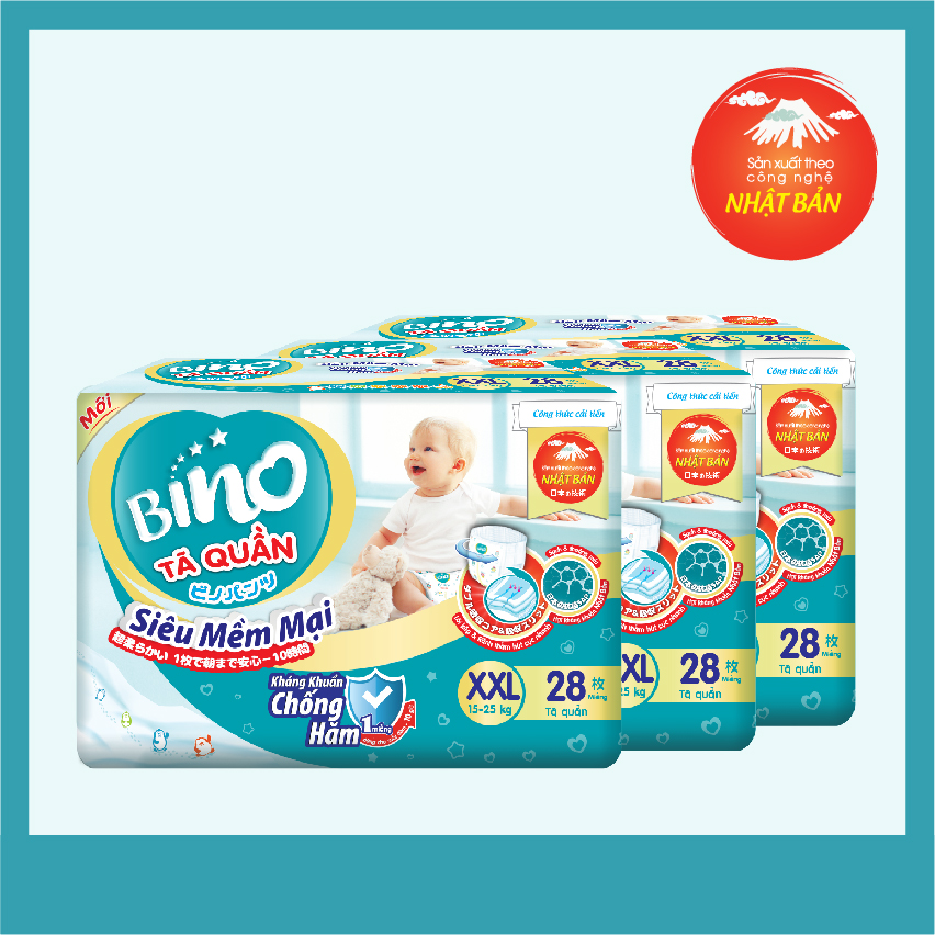 Combo 3 Tã Quần Bino XXL28 [28 miếng] công nghệ Nhật Bản [kháng khuẩn, chống hăm] dành cho bé từ 15- 25kg,