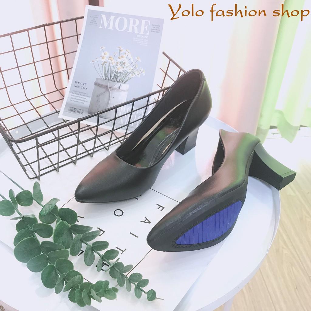 Giày cao gót nữ da lì đế vuông 7cm dáng basic hàng VNXK da mềm êm chân -HC02