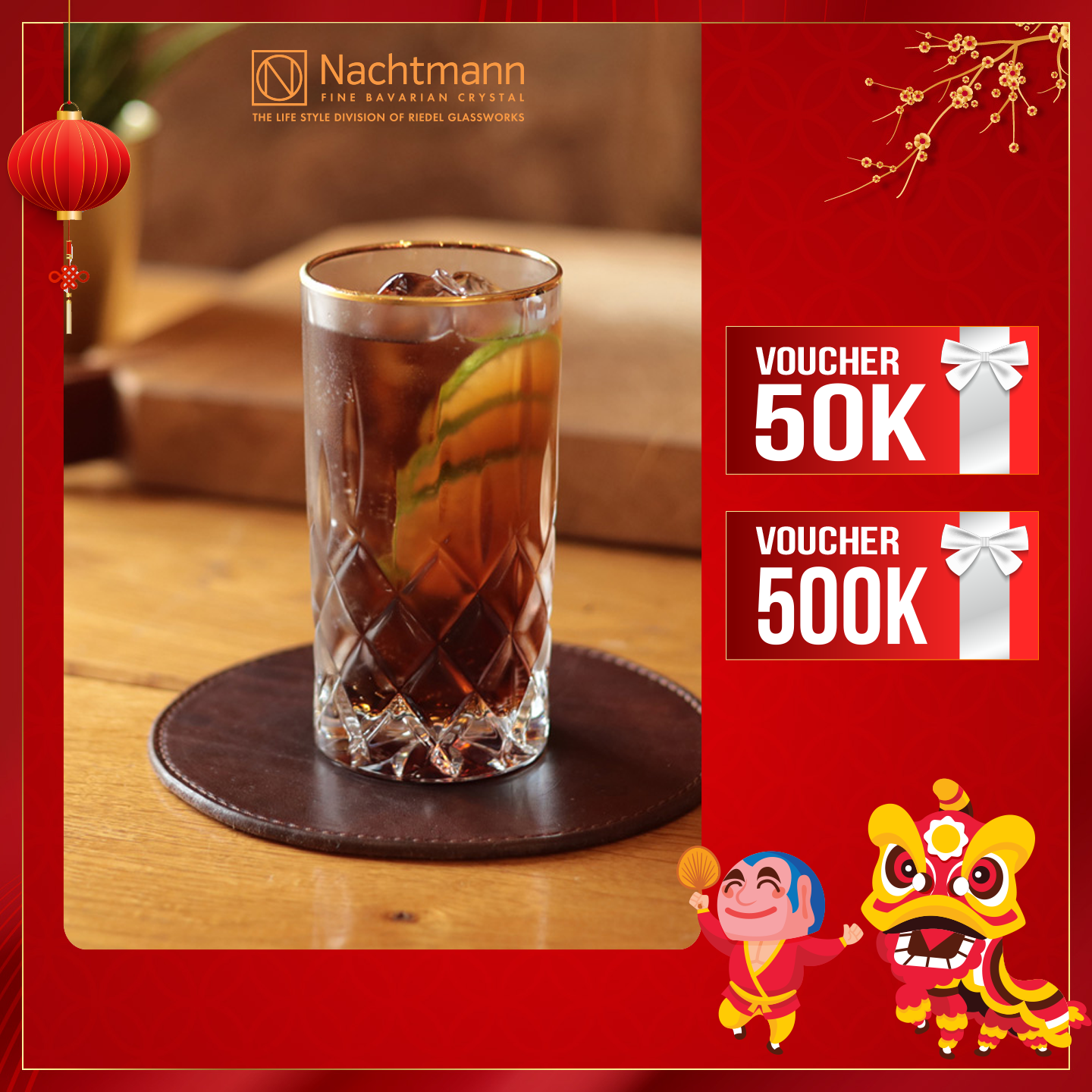 Bộ 2 ly pha lê cao Nachtmann Noblesse viền màu vàng-Hàng chính hãng