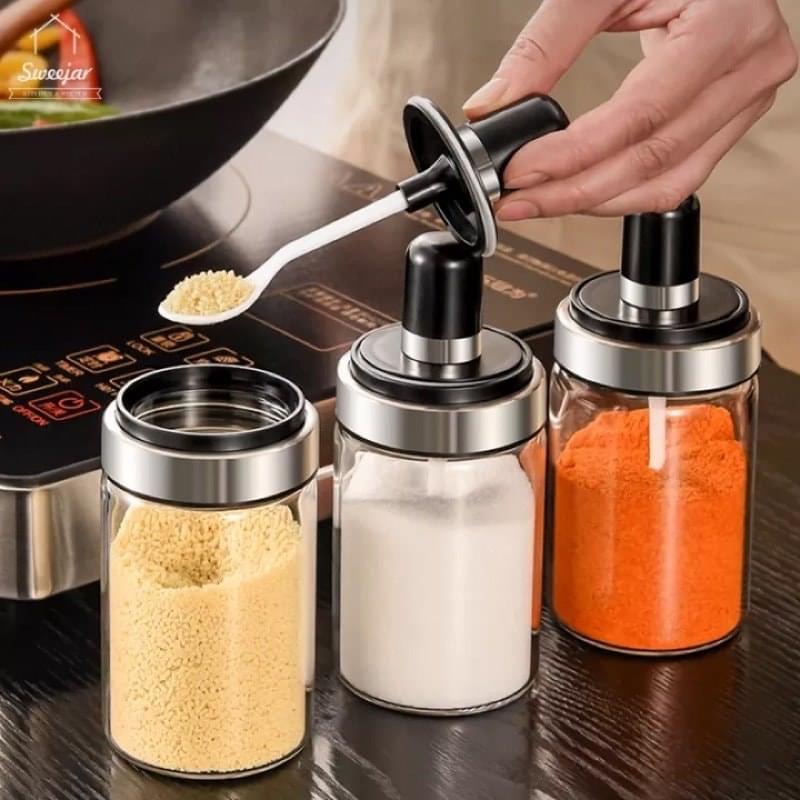 Hũ đựng gia bị thủy tinh kèm nắp tiện dụng, Hũ đựng gia vị giữ ẩm dung tích 250ml kèm nắp và thìa tiện dụng