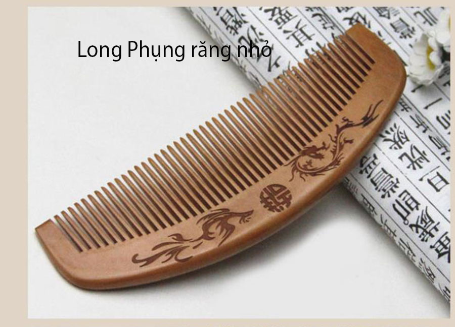 Lược gỗ đào tự nhiên kiểu dáng cong, chạm khắc rồng phượng, chạm khắc phú quý, bình an, ngũ phúc, hoa văn chống tĩnh điện LGC03D