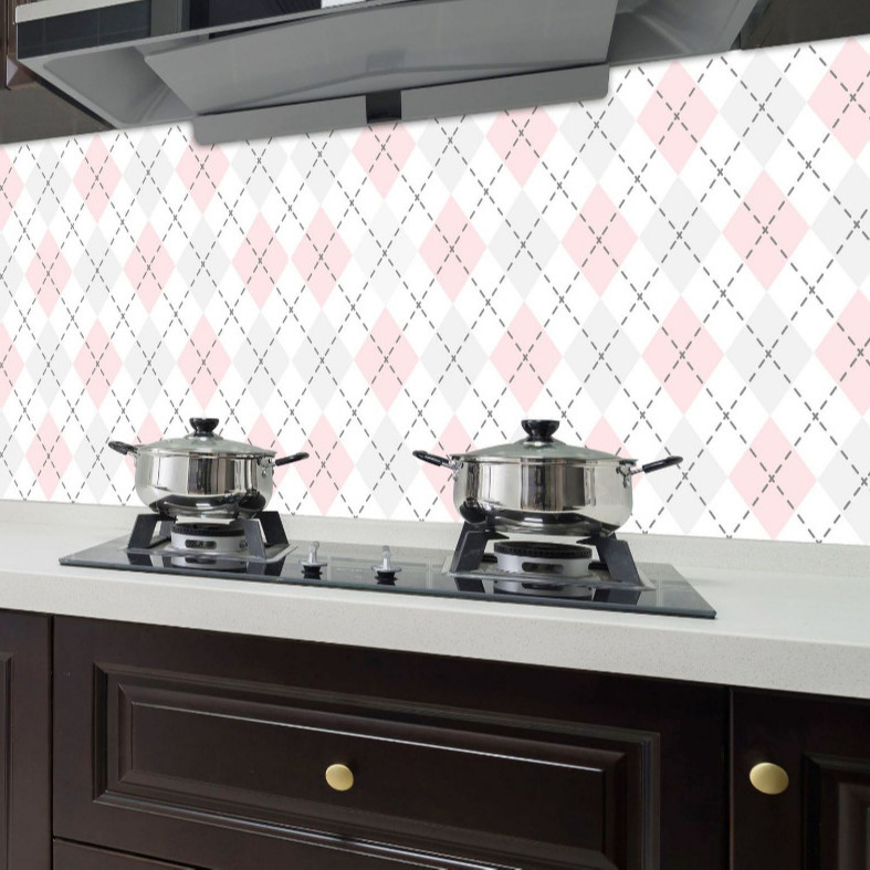 Cuộn 3 MÉT Decal giấy dán bếp tráng nhôm cách nhiệt khổ 60cm MẪU Ô VUÔNG CHÉO HỒNG
