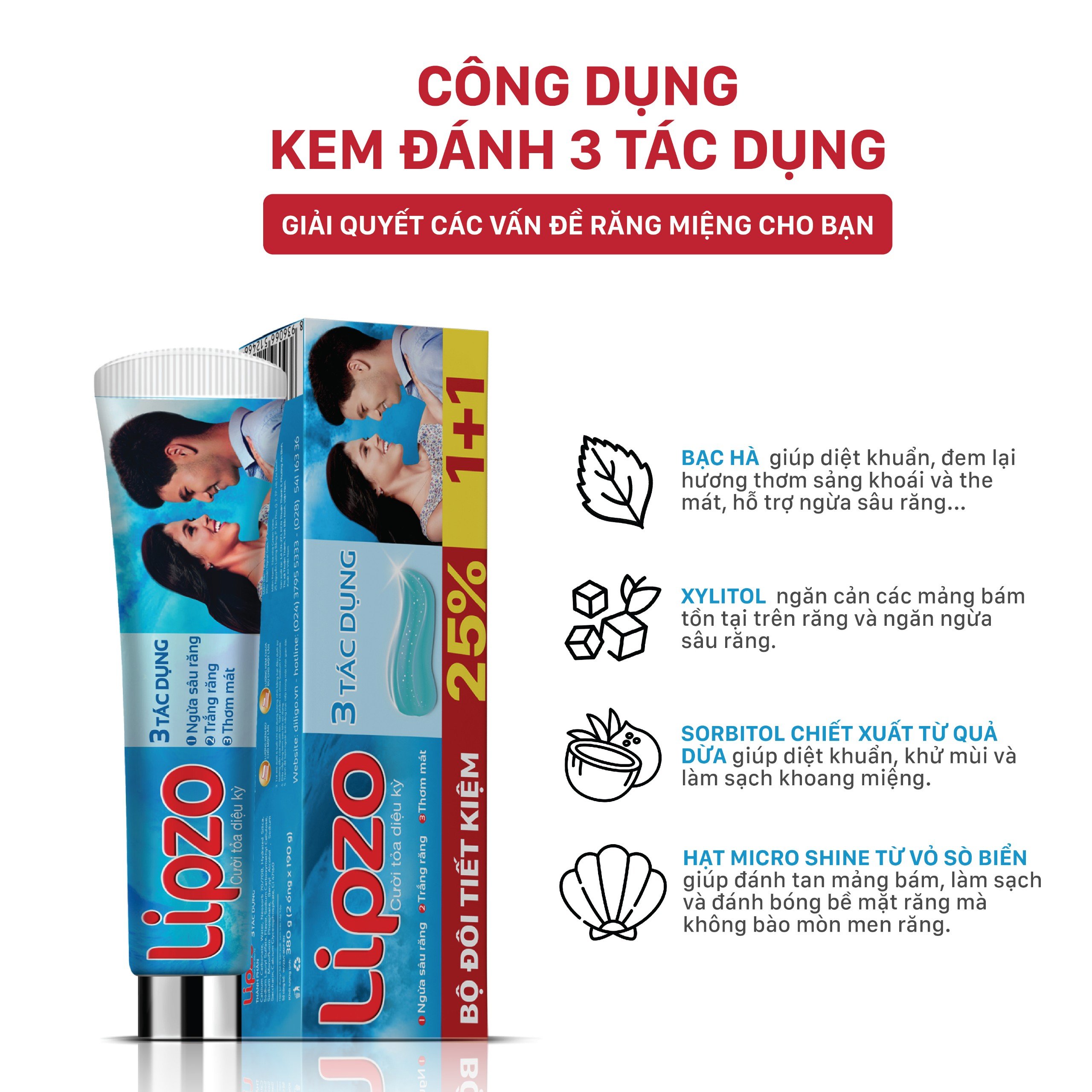 Kem Đánh Răng 3 Tác Dụng (Tuýp 190g) Thành Phần Thiên Nhiên, Ngừa Sâu Răng, Trắng Răng, Cho Hơi Thở Thơm Mát