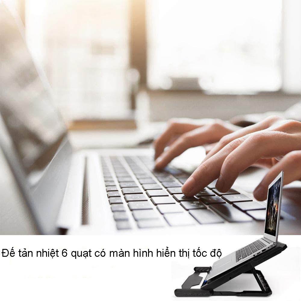 Đế Tản Nhiệt Kiêm Giá Đỡ Laptop Macbook, Thiết Kế 06 Quạt Gió Có Đồng Hồ Hiển Thị Nhiệt Độ