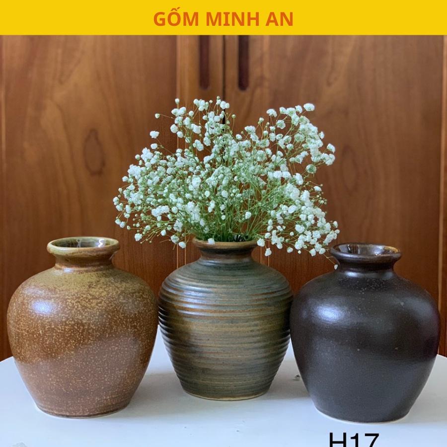 Bình hoa dáng vò tròn bé gốm Minh An Bát Tràng cao 17cm