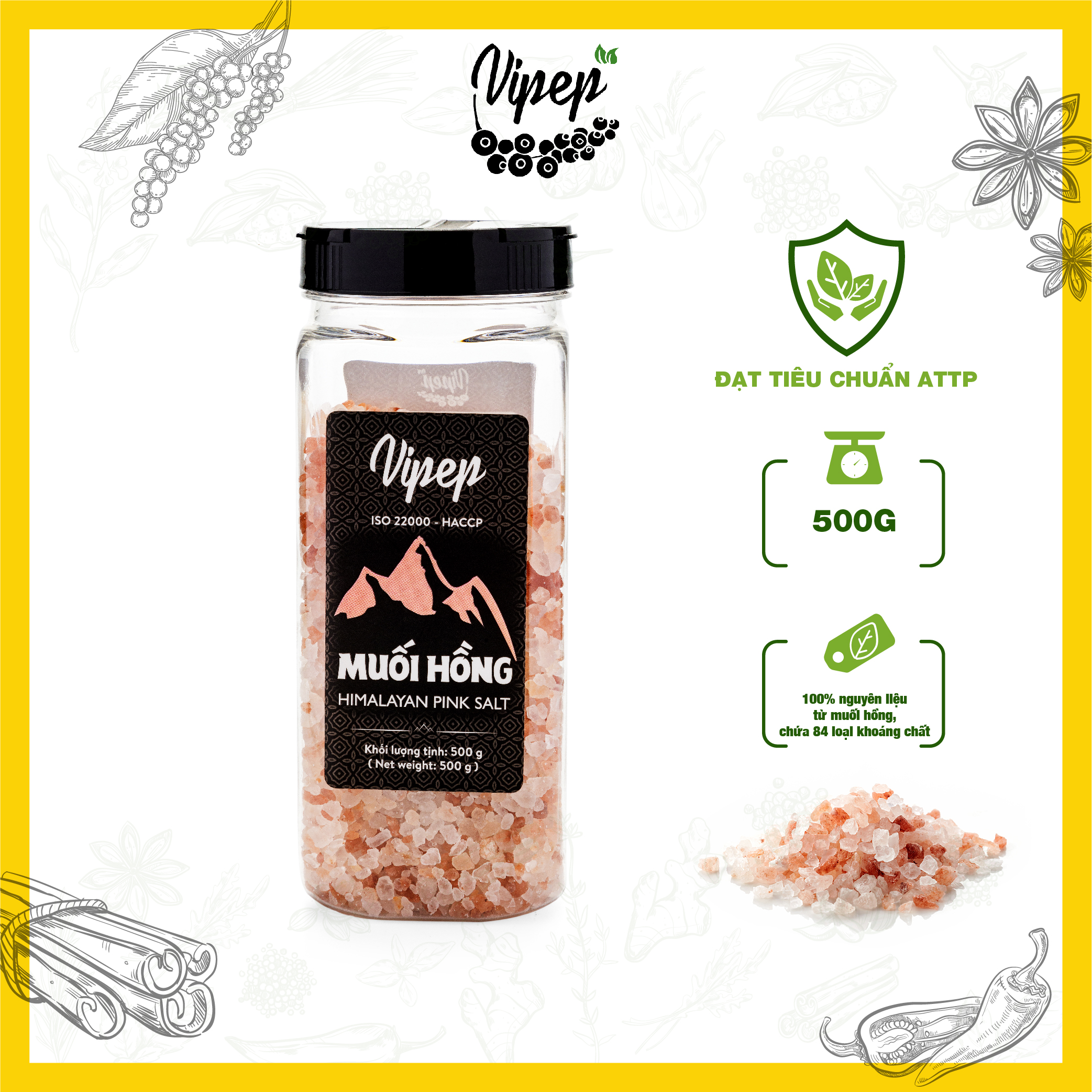 Muối Hồng Himalaya Nguyên Hạt Vipep Hũ Nhựa 500g - Gia vị Vipep