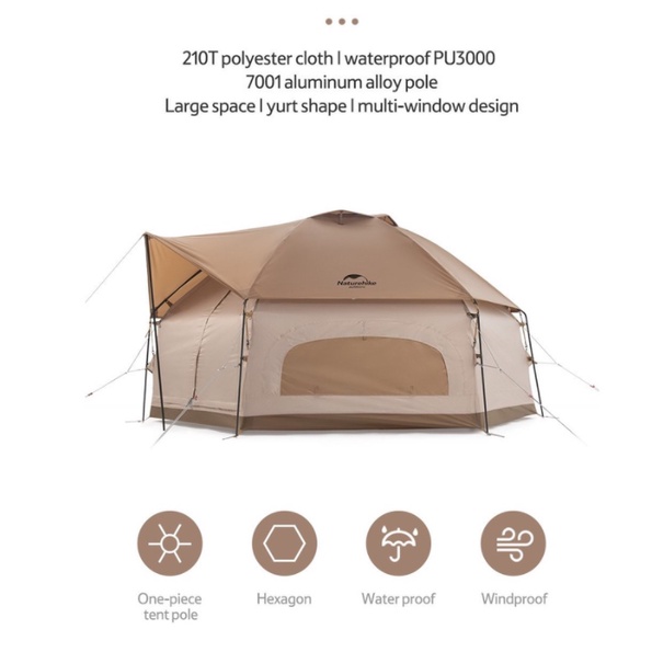 Lều glamping, Lều cắm trại lục giác 3-4 người Naturehike MG NH21ZP001