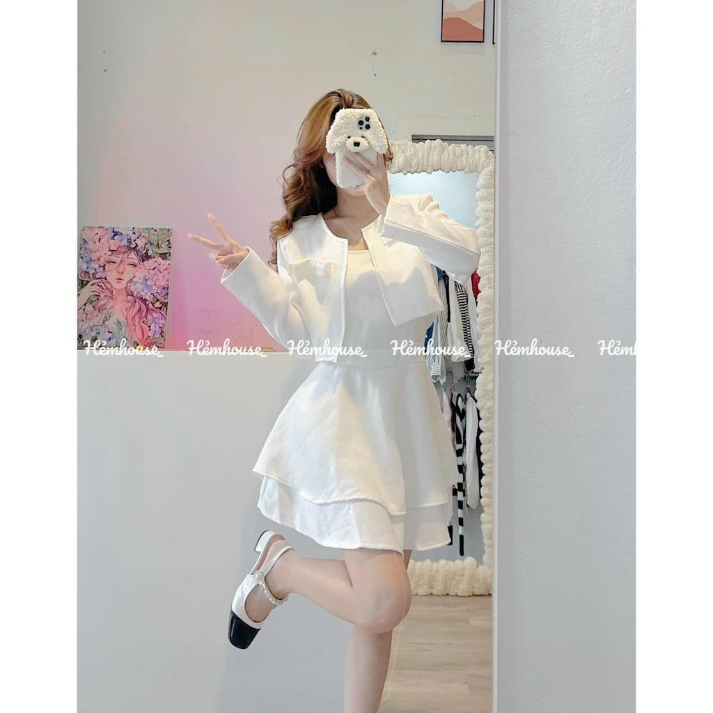 Set đầm dạ trắng 2 dây dáng xòe kèm khoác crop dạ tay dài tiểu thư dự tiệc cưới hẽm house