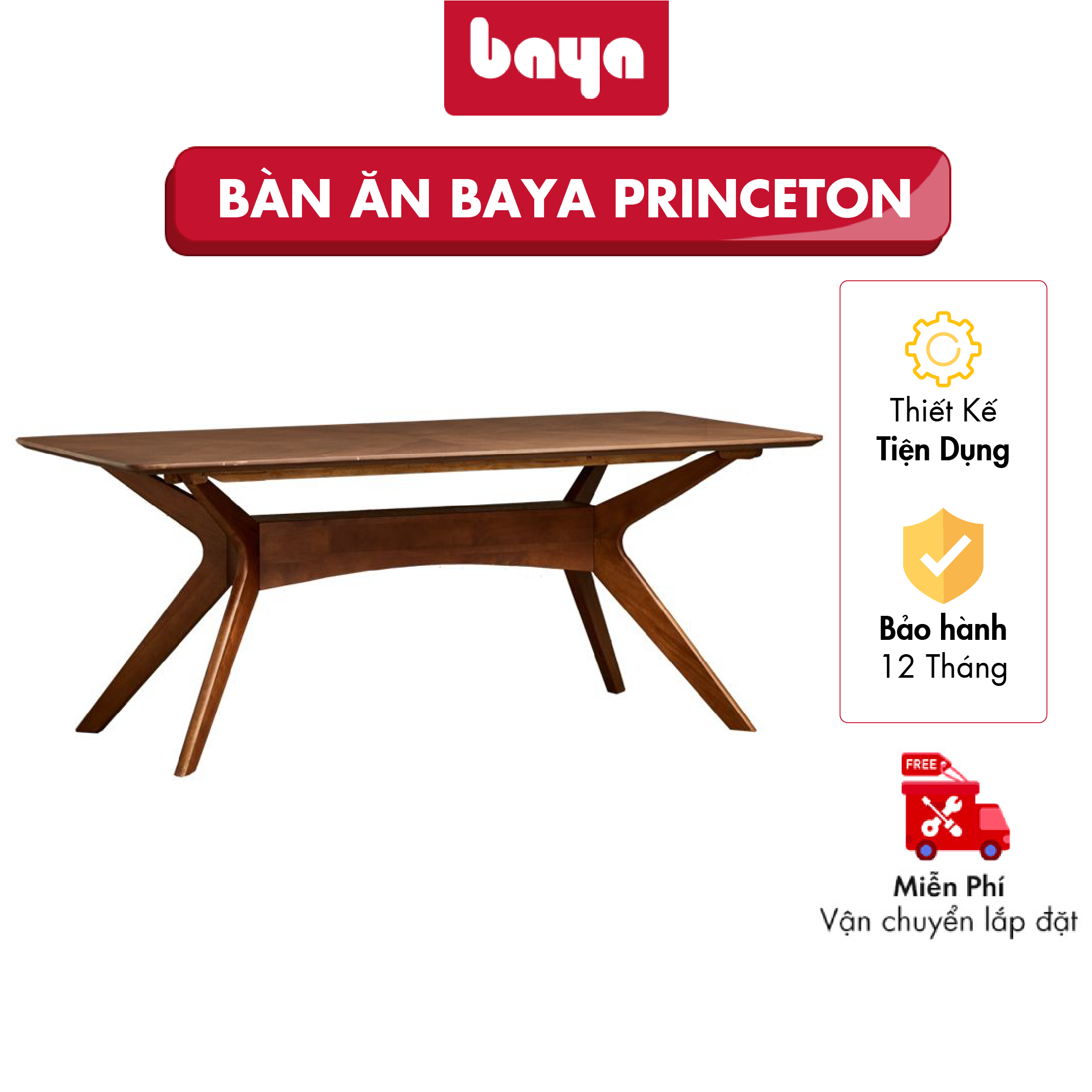 Bàn Ăn BAYA PRINCETON  Làm Từ Gỗ MDF, Gỗ Cao Su Phủ Veneer Sồi Màu Sẫm Đẹp Mắt , Chân Bàn Thiết Kế Lạ Mắt, Độc Đáo 2000101