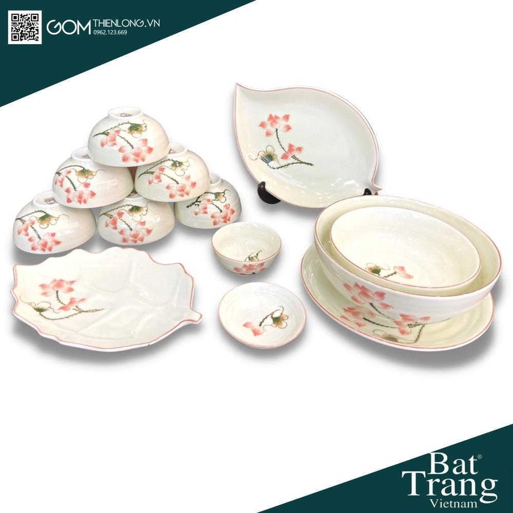 Bộ Bát Đĩa Cao Cấp Sen Hồng - Hàng Đẹp Loại 1 - Bát Đĩa Sứ Bát Tràng - Gốm Thiên Long