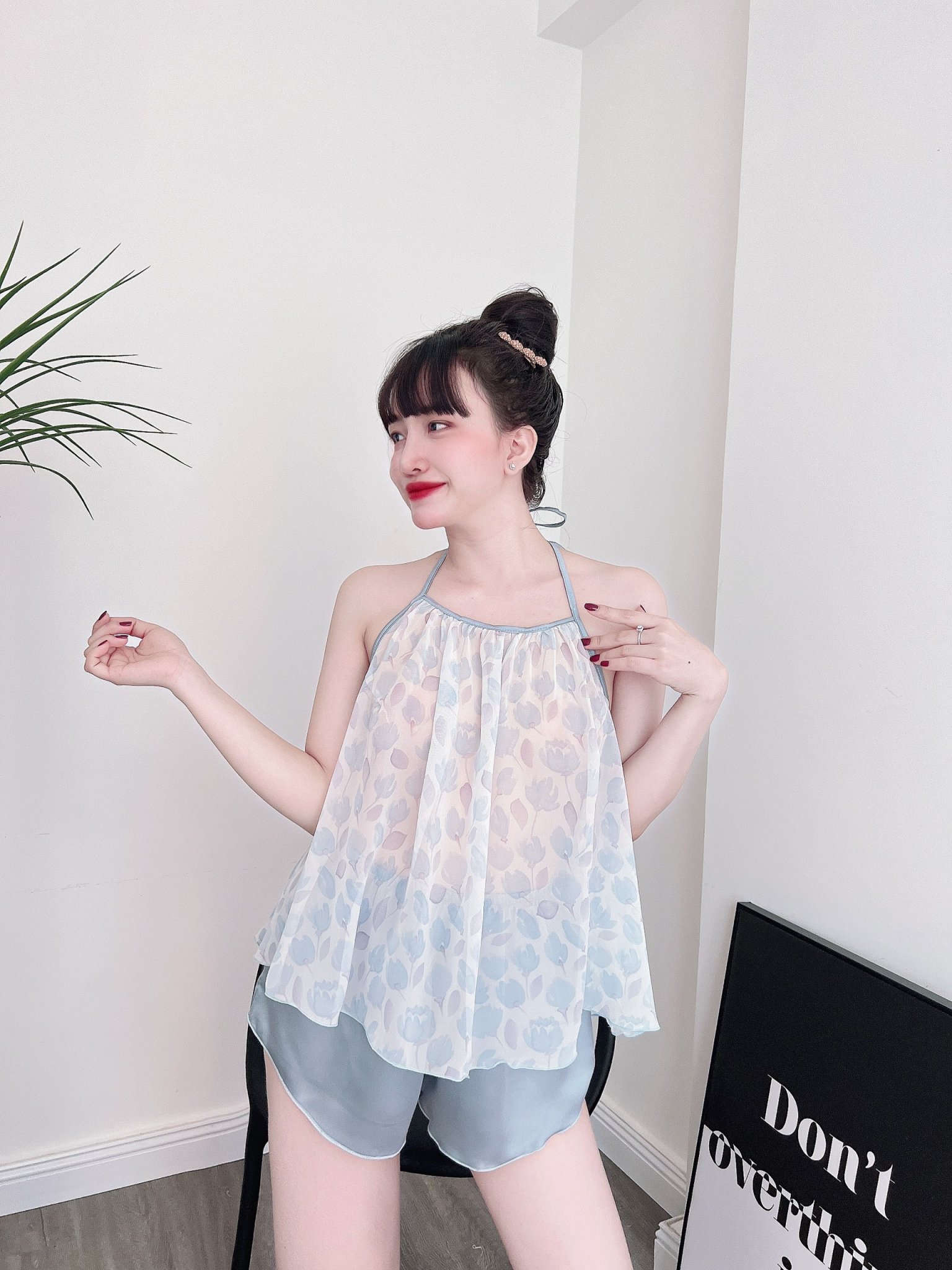 Đồ Bộ Ngủ Lụa 2 Dây Nữ, Bộ Ngủ Sexy Nữ áo voan tơ cổ yếm + quần satin, freesize 40_57kg, tuỳ chiều cao - 7