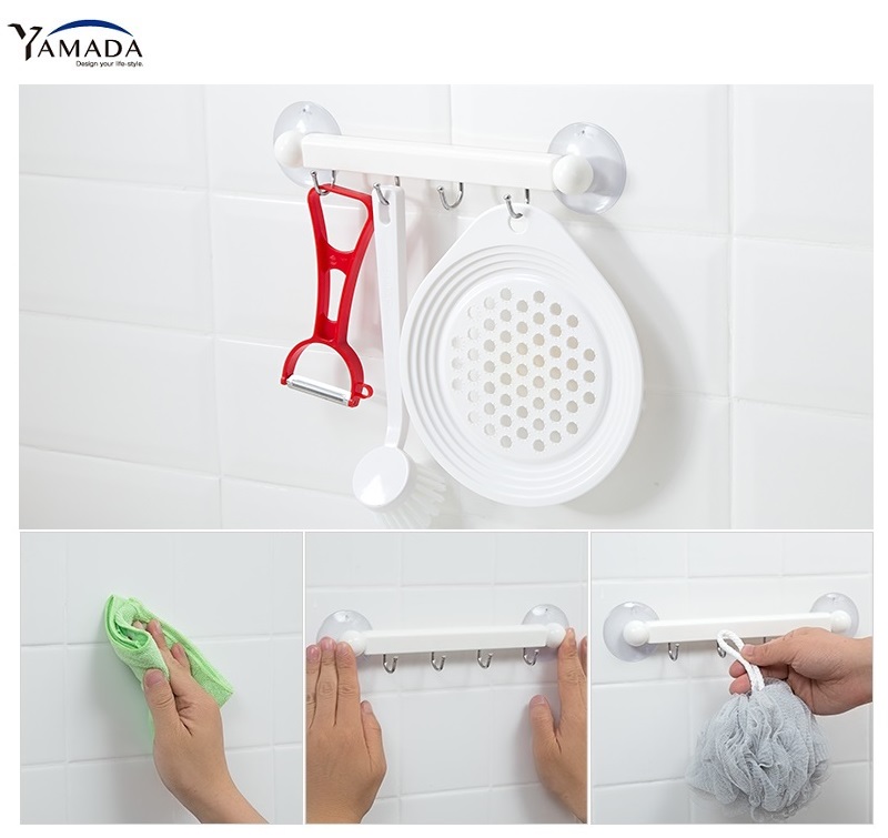 Thanh nhựa 4 móc treo đồ núm hít chân không, dùng để treo các loại vật dụng nhỏ, nhẹ trong phòng tắm, nhà bếp - nội địa Nhật Bản