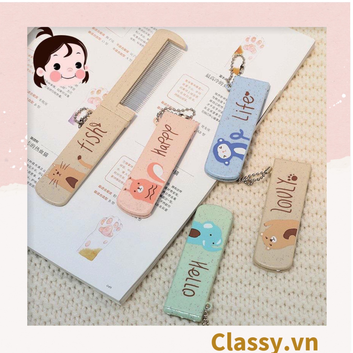 Lược Mini  Classy kèm gương có thể gấp lại, gọn nhẹ, tiện dụng, xinh xắn họa tiết động vật PK951