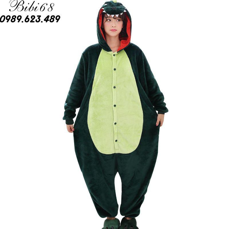 Hình ảnh Bộ Đồ thú Khủng Long xanh liền thân lông mịn Pijama dành Cho Người Lớn và Trẻ Em kiểu dáng Động Vật Hoạt Hình Cosplay