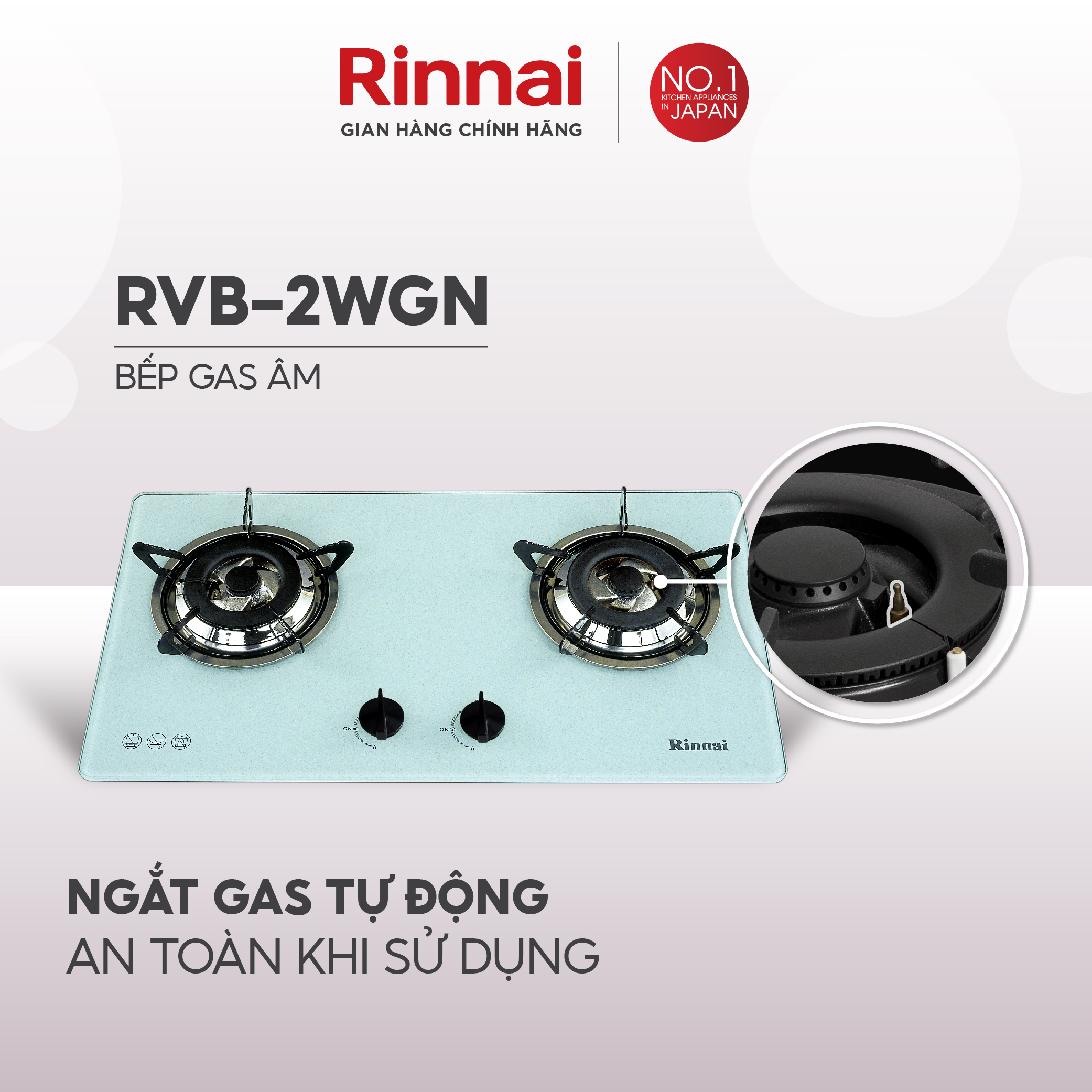 Bếp gas âm Rinnai RVB-2WGN mặt bếp kính và kiềng bếp men - Hàng chính hãng.