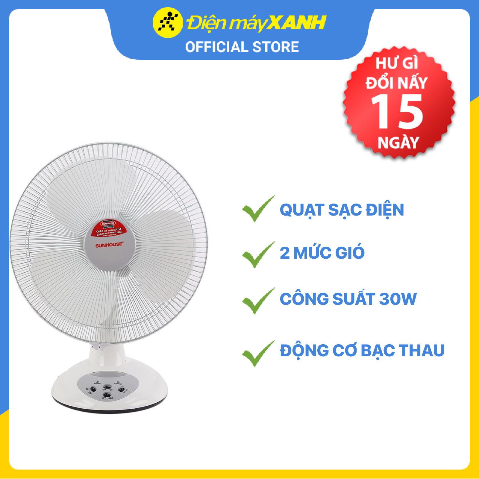 Quạt sạc điện Sunhouse SH722 - Hàng chính hãng